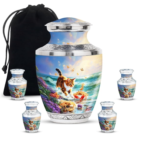 JAGASY Cat Memorial Funeral Urns Combo, Blue Small Urns for Human Ashes Keepsake, Butterfly Decorative Urn for Companion, Ocean Beach Large Urn for Mom & Dad, (1 Large, 10"; 4 Small, 3")