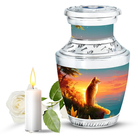 JAGASY Cat Memorial Urn for Ashes for Mother, Teal Blue Small Urns for Human Ashes Keepsake, Ocean Sunset Grassy Cliff & Yellow Blue Sky Decorative Urns for Couple, Mini Urn for Father, (3 Inch)