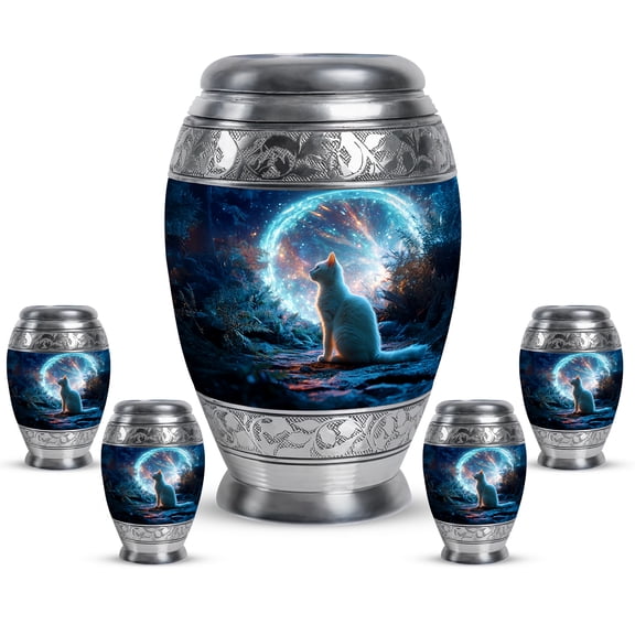 JAGASY Cat Urns for Son - 10 Inch Blue Urn for Adult Ashes - 3 Inch Small Funeral Urns for Loved Ones - Miniature Galaxy Urn for Humans Ashes - (1 Large, 4 Keepsake)