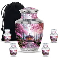 JAGASY Cherry Blossom Combo Keepsake Urn Set of 5, Pink Small Urns For Human Ashes, Pink Petals Decorative Urns for Friends, Forest Trees Cremation Urn for Boys & Girls, (1 Large, 10" & 4 Small, 3")