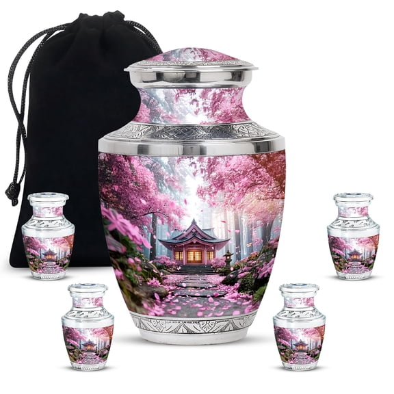 JAGASY Cherry Blossom Combo Keepsake Urn Set of 5, Pink Small Urns For Human Ashes, Pink Petals Decorative Urns for Friends, Forest Trees Cremation Urn for Boys & Girls, (1 Large, 10" & 4 Small, 3")