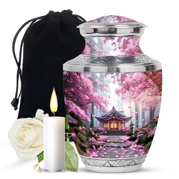 JAGASY Cherry Blossom Memorial Urn for Ashes Adult Male, Pink Urns For Human Ashes for Women, Pink Petals Decorative Urns for Sibling, Forest Trees Large Cremation Urn for Sister & Brother, (10 Inch)