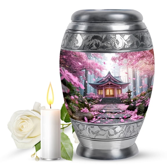 JAGASY Cherry Blossom Urn for Ashes Adult Female, Pink Memorial Urns For Human Ashes for Men, Pink Petals Large Decorative Urns for Sibling, Forest Trees Cremation Urn for Sister & Brother, (10 Inch)