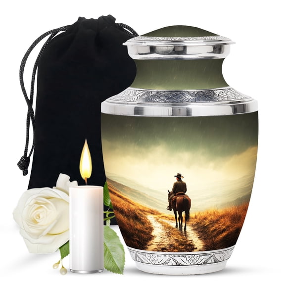 JAGASY Cowboy Funeral Urns for Daughter, Grey Large Urn for Ashes Adult Male & Female, Horse Raining Sky & Mountain Decorative Urns for Son, Handmade Cremation Urn for Children, (10 Inch)