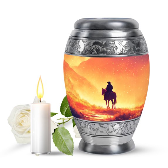 JAGASY Cowboy Tiny Urn for Mother, Orange Mini Urns for Human Ashes Keepsake, Raining Clouds Mountain Decorative Urns for Father, Horse Miniature Urn for Parents, (3 Inch)