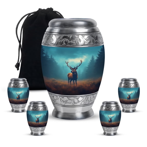 JAGASY Deer Funeral Urns Combo Set - Sky Blue Large Urn for Ashes Adult Male - Forest Tree Decorative Small Urns for Human Ashes Keepsake - Cremation Urn for Siblings - (1 Large, 10", 4 Small, 3")