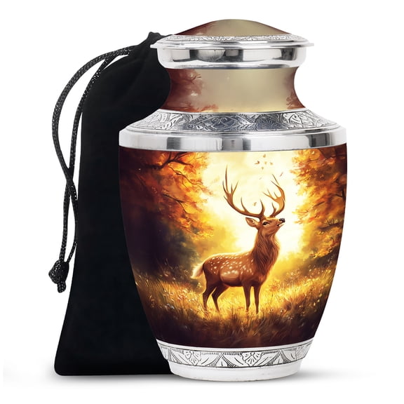 JAGASY Deer Handcrafted Urn for Husband - Brown Large Urn for Ashes Adult Male - Forest Sunset Decorative Funeral Urns for Spouse - Memorial Cremation Urns for Wife - (10 Inch)