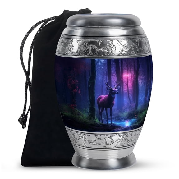 JAGASY Deer Large Urn for Friend - Blue Urn for Ashes Adult Male & Female - Purple Cremation Urns for Girl - Forest River Trees Decorative Funeral Urns for Boy - (10 Inch)