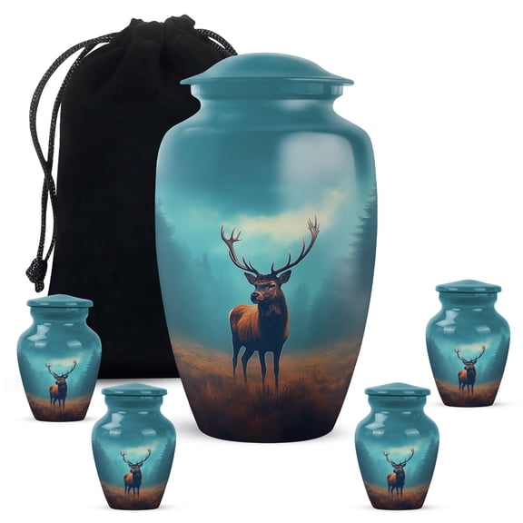 JAGASY Deer Urn for Ashes for Women - Sky blue Large Urn for Ashes Adult Male - Forest Tree Decorative Small Keepsake Cremation Urns - Funeral Urns Set for Couple - (1 Large, 10" 4 Small, 3")