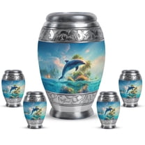 JAGASY Dolphin Memorial Urn Set of 5, Blue Small Urns for Ashes Keepsake, Ocean Dolphin Decorative Urns for Couple, Large Cremation Urn for Husband & Wife, (1 Large, 10" & 4 Small, 3")