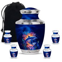 JAGASY Dolphin Memorial Urn Set of 5 for Children, Blue Small Urns for Ashes Keepsake, Decorative Urns for Daughter, Coral Reef Large Cremation Urn for Son, (1 Large, 10" & 4 Small, 3")