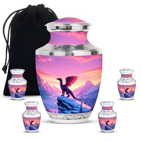 JAGASY Dragon Burial Combo Urns Set for Couple, Pink Keepsake Small Urns for Human Ashes, Snowy Mountain & Sunset Decorative Urn for Mom & Dad, Large Cremation Urn, (1 Large, 10" & 4 Small, 3")