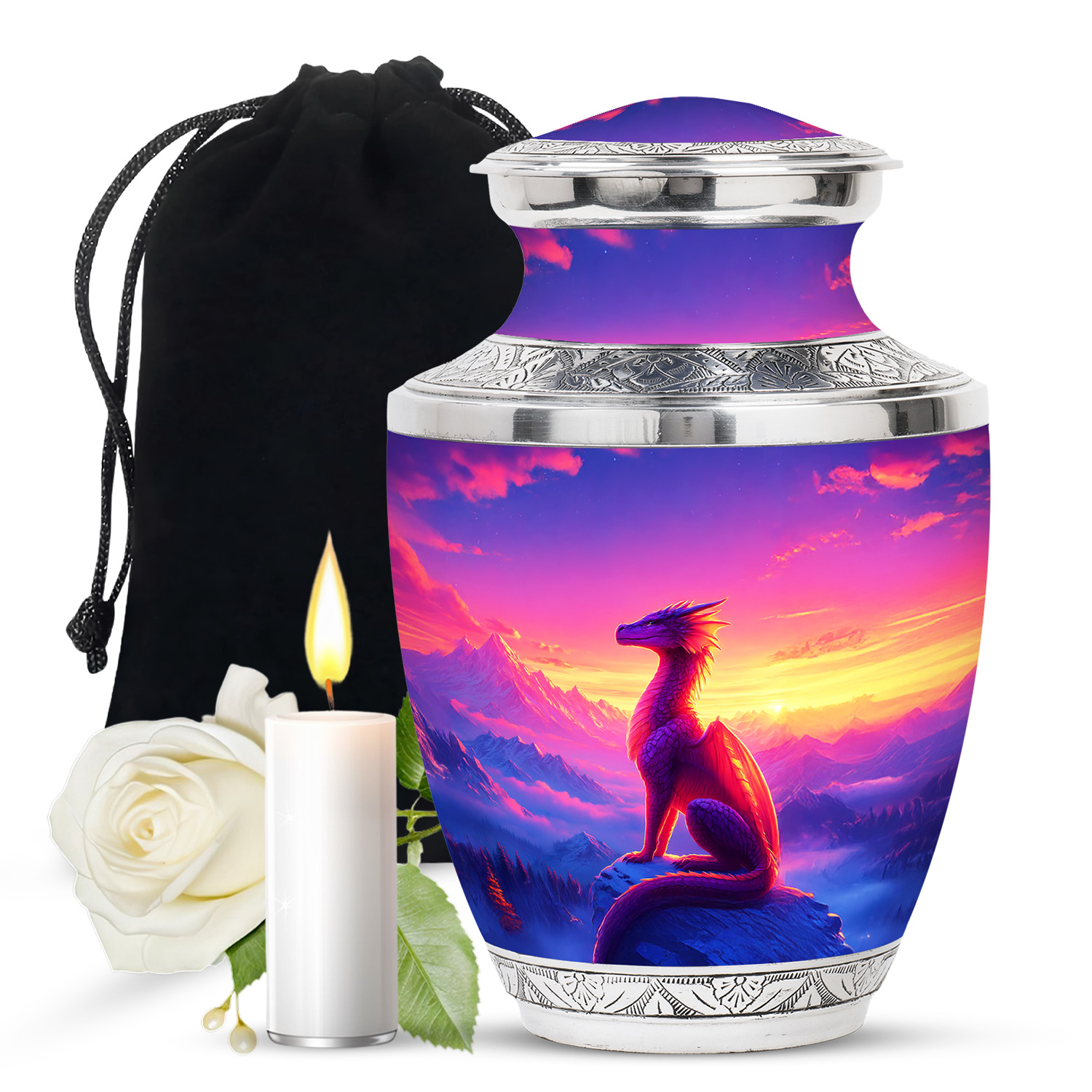 JAGASY Dragon Burial Large Urn for Ashes Adult Female, Purple Urn for Ashes Adult Male, Snowy Mountain & Sunset Decorative Urns for Friends, Handcrafted Cremation Urns for Girls & Boys, (10 Inch)