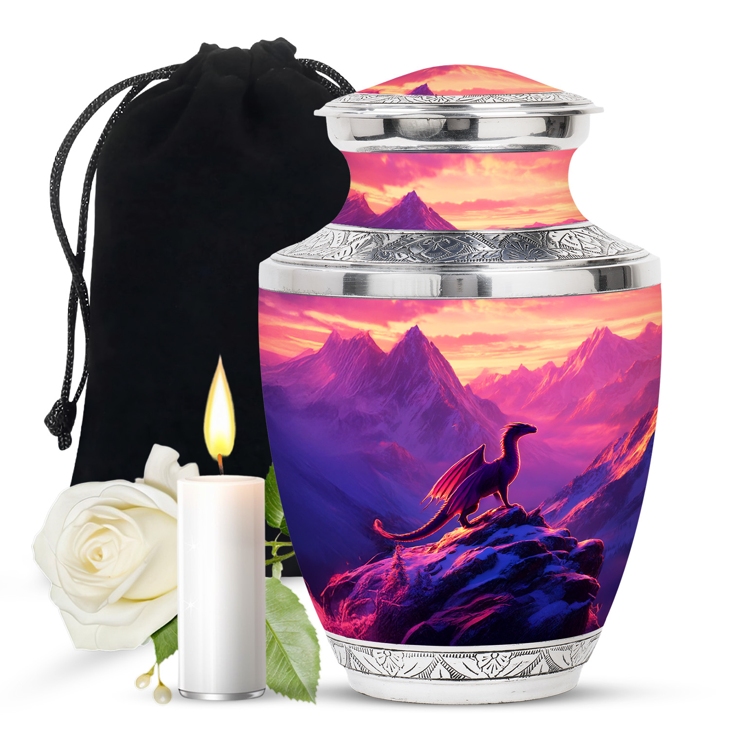 JAGASY Dragon Handmade Large Urn for Human Ashes, Purple Urn for Ashes Adult Male & Female, Snowy Mountain & Sunset Decorative Urns for Boys, Funeral Cremation Urns for Girls, (10 Inch)