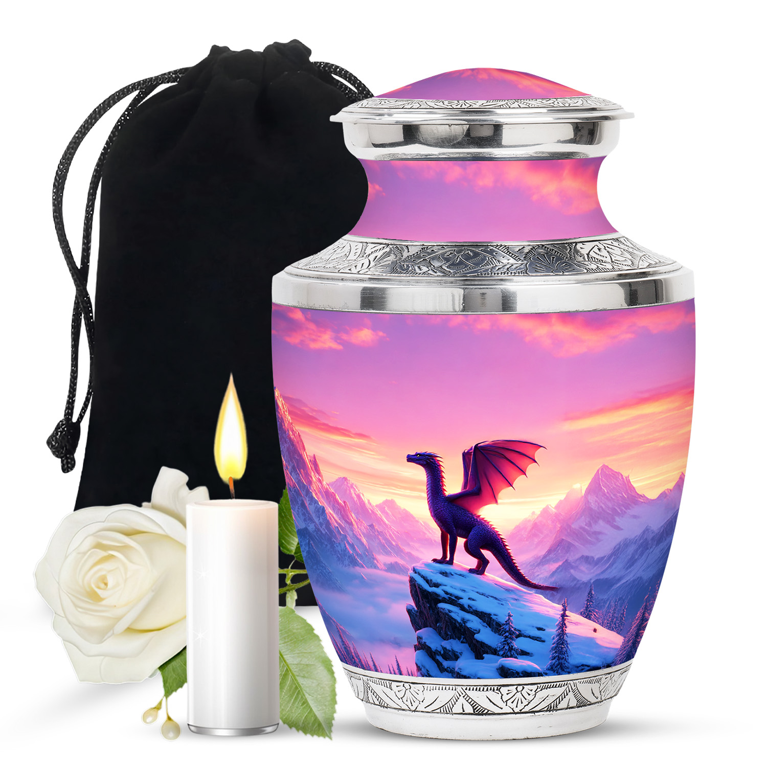 JAGASY Dragon Urn for Human Ashes for Women, Pink Large Urn for Ashes Adult Male, Snowy Mountain & Sunset Decorative Urns for Father, Memorial Cremation Urns for Mother, (10 Inch)