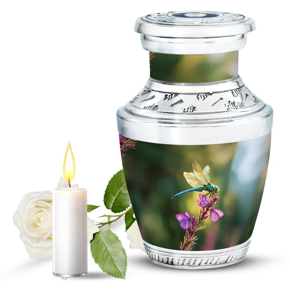 JAGASY Dragonfly Mini Urn for Mother - Green Small Urns for Human Ashes Keepsake - Purple Butterfly Flowers Decorative Urns for Father - Memorial Cremation Urn for Parents - (3 Inch)