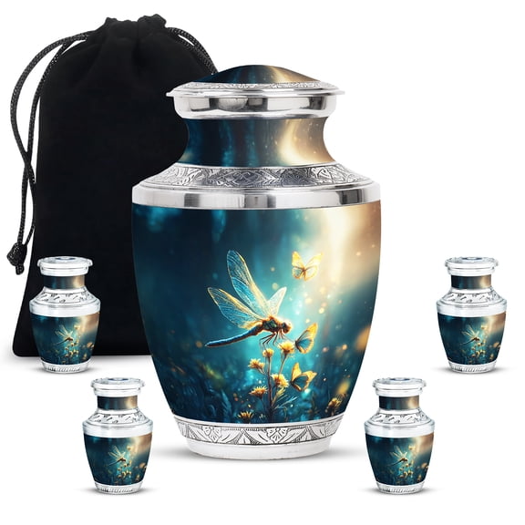 JAGASY Dragonfly Urns Combo Set for Parents, Blue Large Urn for Ashes Adult Male, Butterfly Flowers Decorative Urn for Couple, Small Urns for Human Ashes Keepsake, (1 large, 10"; 4 small, 3")