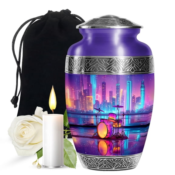 JAGASY Drum Set Handmade Large Urn for Ashes Adult Male, Purple Urns for Ashes for Women, Futuristic City Decorative Urns for Couple, Neon Style Cremation Urn for Mom & Dad for Burial, (10 Inch)