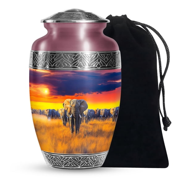 JAGASY Elephant Funeral Urn for Couple - Blue Large Urn for Ashes Adult Male - Yellow Sunset Clouds Decorative Urns for Wife - Handmade Cremation Urns for Husband - (10 Inch)