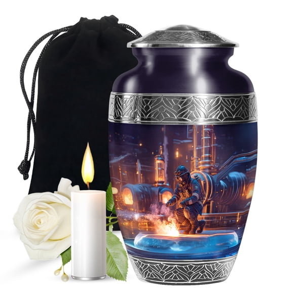 JAGASY Firefighter Memorial Urns for Ashes, Black Large Urn for Ashes Adult Male & Female, Yellow Flame Decorative Urns for Parents, Handcrafted Burial Cremation Urn for Mom & Dad, (10 Inch)