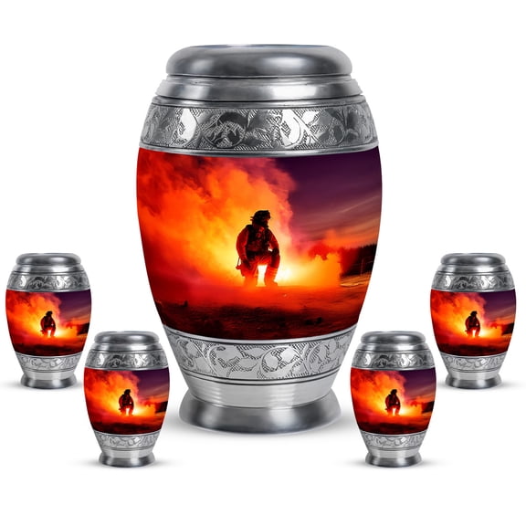 JAGASY Firefighter Small Combo Urns Set, Purple Keepsake Urn for Ashes Adult Male, Forest Decorative Urns for Couple, Yellow Flame large Cremation Urn for Mom & Dad, (1 Large, 10", & 4 Small, 3")