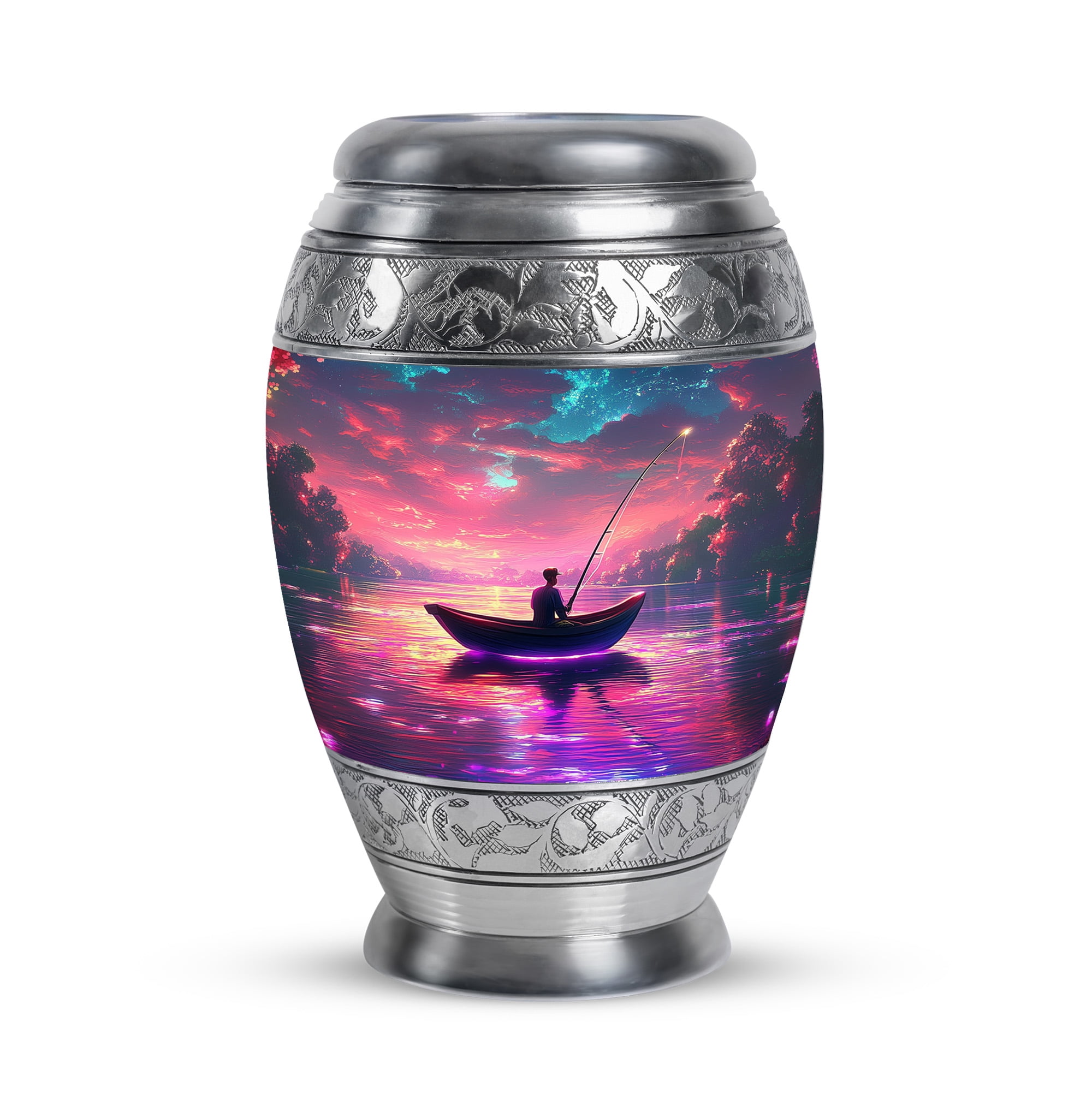JAGASY Fishing Mini Urn for Girl - Pink Small Urn for Ashes Adult Male - Sunset Water Boat Decorative Memorial Urns - Keepsake Cremation Urns for Friends - (3 Inch)