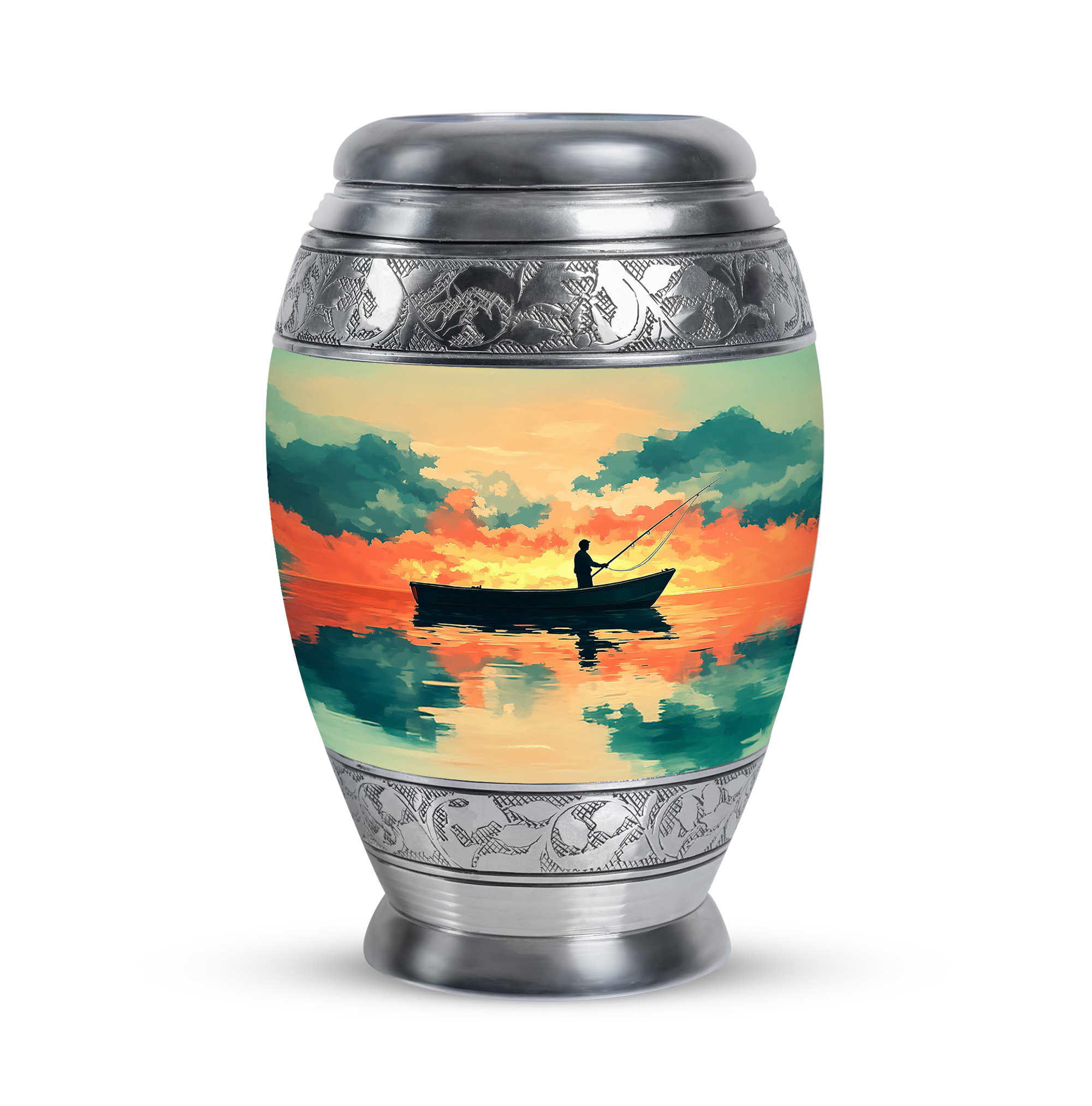 JAGASY Fishing Small Urn for Sister - Golden Urn for Ashes Adult Male & Female - Sunset Clouds Water Boat Decorative Urns - Mini Cremation Urns for Human Ashes keepsake - (3 Inch)