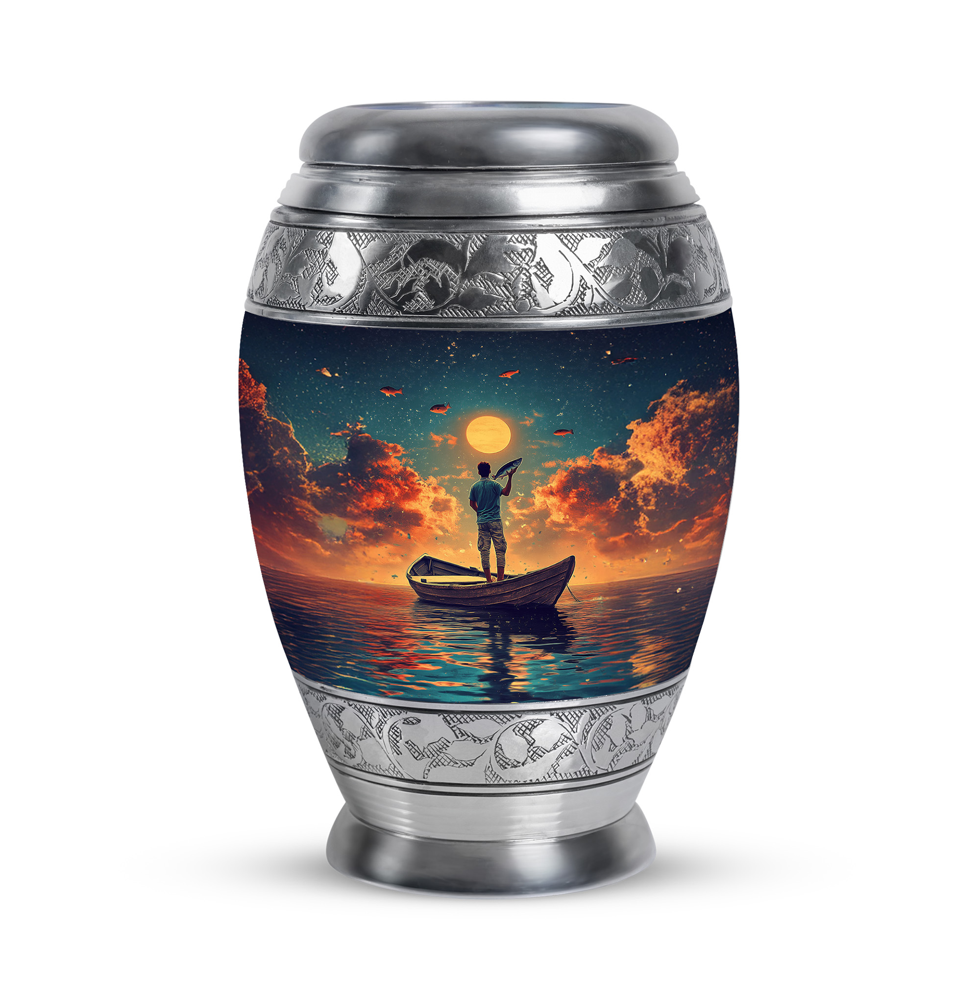 JAGASY Fishing Urn for Mother - Dark Green Small Urn for Ashes Adult Male & Female - Sunset Water Boat Decorative Urns - Memorial Cremation Urns for Father - (3 Inch)