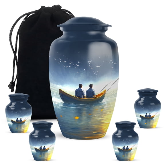 JAGASY Fishing Urns Combo of 5 - Blue Large Urn for Ashes Adult male - Water Boat Birds Decorative Urns for Human Ashes Keepsake - Small Cremation Urn for Parents - (1 Large, 10", 4 Small, 3")