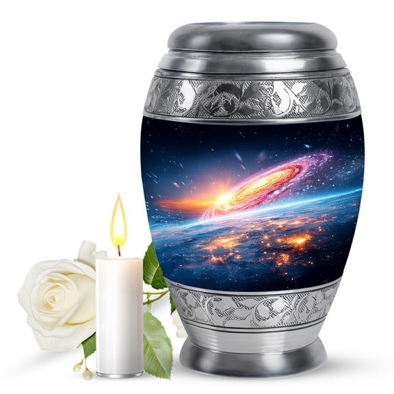 JAGASY Galaxy Large Handmade Urn for Ashes Adult Male, Dark Blue Urns for Human Ashes for Women, Earth City-Lit Decorative Urns for Friends, Space Funeral Cremation Urn for Boys & Girls, (10 Inch)