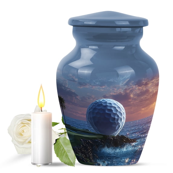 JAGASY Golf Ball Memorial Urn for Ashes Adult Male, Blue Small Urns for Ashes Keepsake, White Golf Ball Decorative Urns for Mother, Ocean Waves Handmade Cremation Urn for Father, (3 Inch)