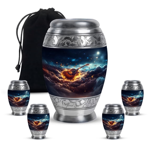 JAGASY Guitar Memorial Urns Combo - Blue Large Urn for Ashes for Women - Grey Clouds Decorative Urns for Human Ashes Keepsake - Small Cremation Urn for Brother & Sister - (1 Large, 10", 4 Small, 3")