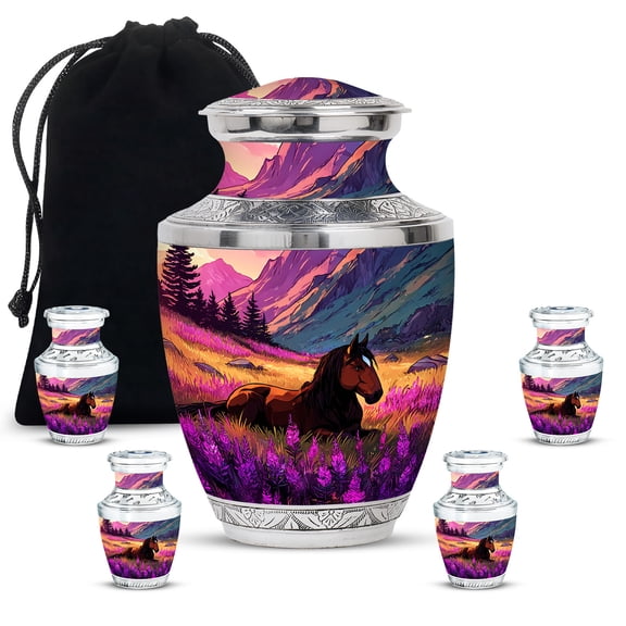 JAGASY Horse Combo Urn Set of 5, Blue Small Urns for Human Ashes Keepsake, Purple Flowers Decorative Urns for Mother, Large Mountain Cremation Urn for Father, (1 Large, 10" & 4 Small, 3")