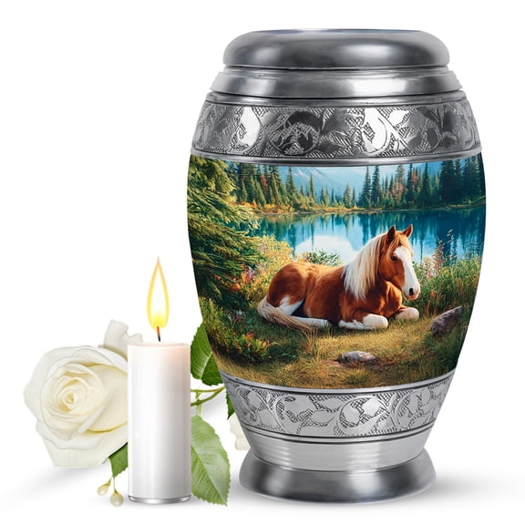 JAGASY Horse Large Cremation Urn for Ashes Adult Male, Blue Urns for Human Ashes Keepsake, Mountain Trees Decorative Urns for Friends, Brown Horse Memorial Urn for Boys & Girls, (10 Inch)