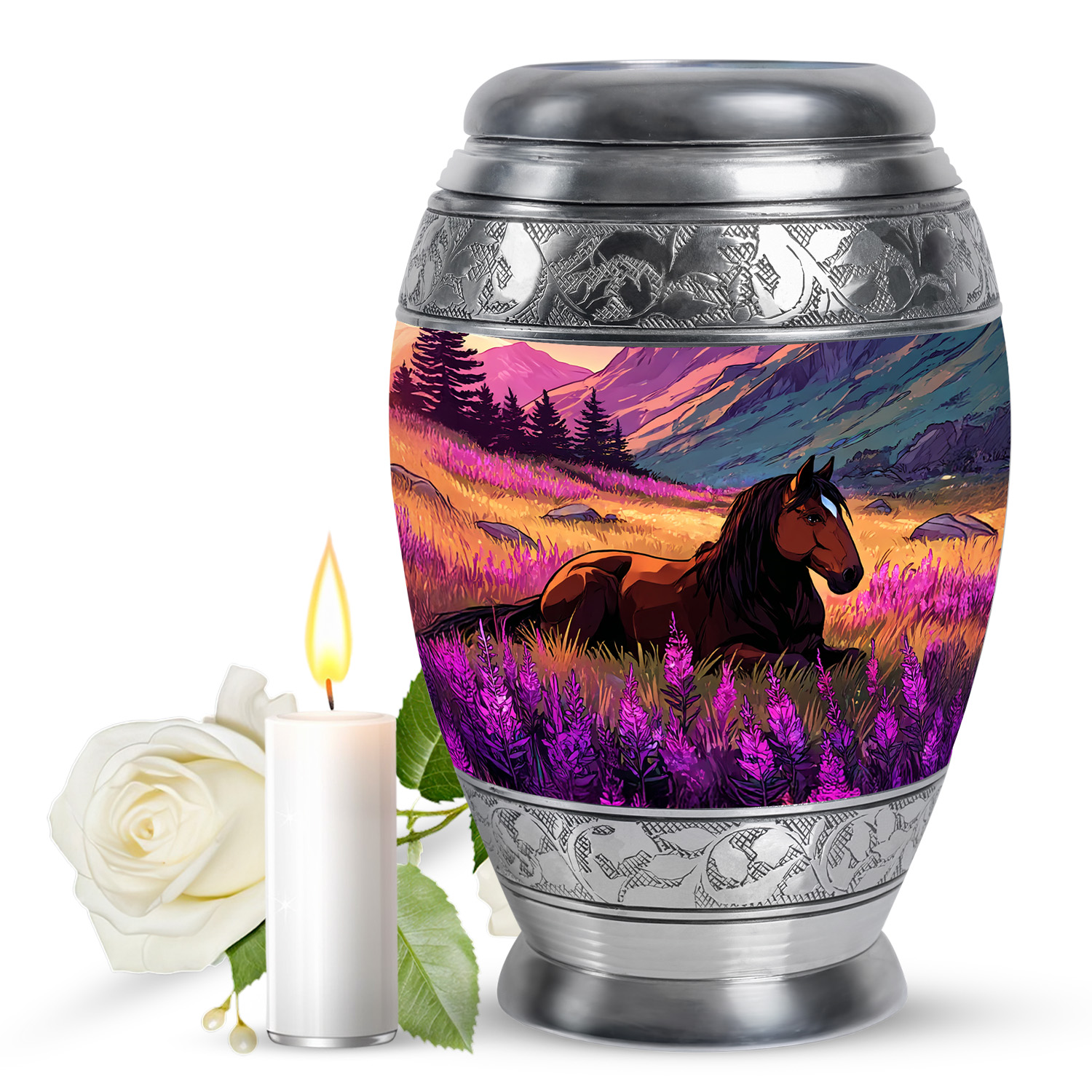 JAGASY Horse Memorial Large Urn for Ashes Adult Male, Dark Blue Urns for Human Ashes for Women, Purple Flowers Decorative Urns for Mother, Mountain Cremation Urn for Father, (10 Inch)