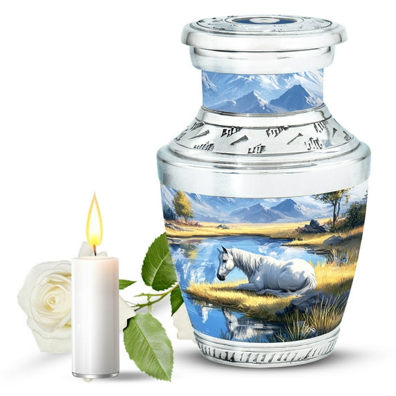 JAGASY Horse Memorial Small Urn for Ashes Adult Male, Blue Urns for Human Ashes Keepsake, Mountain Trees Decorative Urns for Daughter, White Horse Tiny Cremation Urn for Son, (3 Inch)