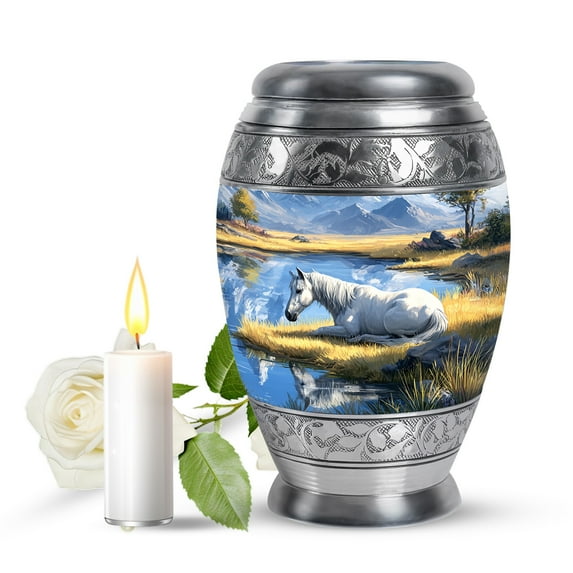 JAGASY Horse Memorial Urn for Ashes Adult Male, Blue Keepsake Small Urns for Human Ashes, Mountain Trees Decorative Urns for Daughter, White Horse Mini Cremation Urn for Son, (3 Inch)