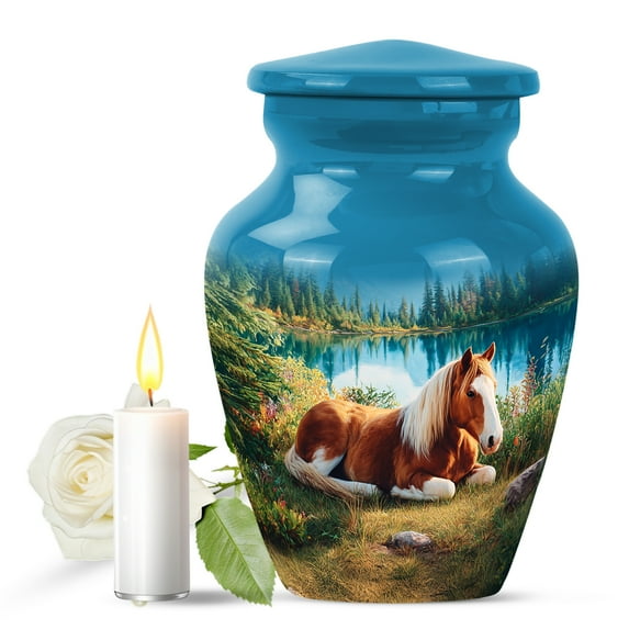 JAGASY Horse Memorial Urn for Ashes Adult Male, Blue Small Urns for Human Ashes Keepsake, Mountain Trees Decorative Urns for Friends, Brown Horse Mini Cremation Urn for Boys & Girls, (3 Inch)