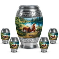 JAGASY Horse Small Keepsake Combo Urn Set, Blue Urns for Human Ashes, Mountain Trees Large Decorative Urns for Friends, Brown Horse Cremation Urn for Boys & Girls, (1 Large, 10" & 4 Small, 3")