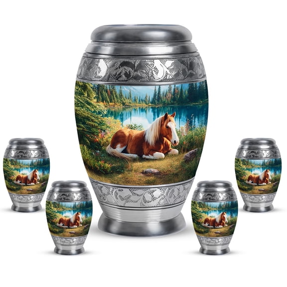 JAGASY Horse Small Keepsake Combo Urn Set, Blue Urns for Human Ashes, Mountain Trees Large Decorative Urns for Friends, Brown Horse Cremation Urn for Boys & Girls, (1 Large, 10" & 4 Small, 3")