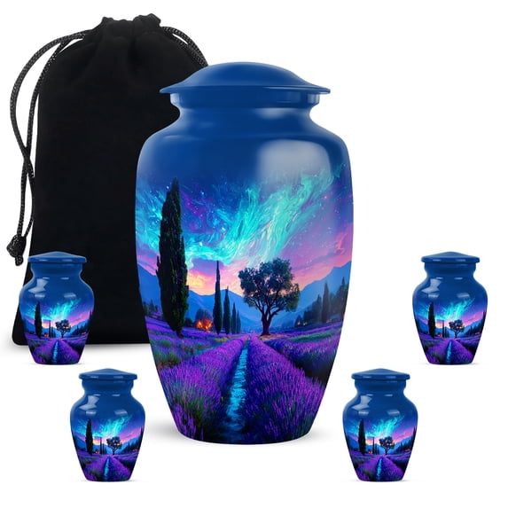 JAGASY Lavender Grass Cremation Combo Urn Set - 4 Keepsake Northern Lights Urns for Adult Mother 3 Inch - Blue 10 Inch Funeral Urn for Loved Ones - (1 Large, 4 Tiny)