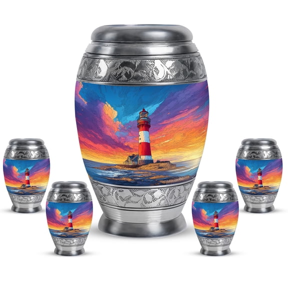 JAGASY Lighthouse Cremation Urns Set for Children - Blue Large Urn for Human Ashes - Ocean Sunset Pink Yellow Clouds Decorative Small Urns - Keepsake Urn for Boy & Girl - (1 Large,10", 4 Small, 3")