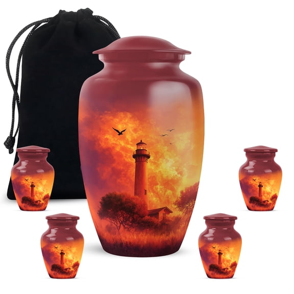 JAGASY Lighthouse Cremation Urns Set - Orange Large Urn for Ashes Adult Male - Sunset Yellow Orange Clouds Tree Decorative Urns for Couple - Funeral Urn for Mom & Dad - (1 Large,10", 4 Small,3")