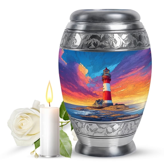JAGASY Lighthouse Large Urn for Daughter - Blue Urn for Ashes Adult Male & Female - Ocean Sunset Pink Yellow Clouds Decorative Urns - Memorial Cremation Urns for Son - (10 Inch)