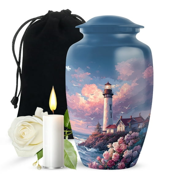 JAGASY Lighthouse Large Urn for Mom & Dad - Blue Urn for Ashes Adult Male - Ocean Pink Clouds Birds Decorative Urns for Parents - Flowers Cremation Urns for Mother - (10 Inch)