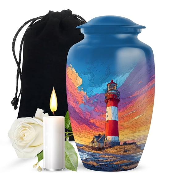 JAGASY Lighthouse Urn for Ashes Adult Male - Ocean Blue Yellow Clouds Sunset Decorative Urns for Companion - Pink Large Urn for Ashes for Women - Handmade Cremation Urns for Husband - (10 Inch)