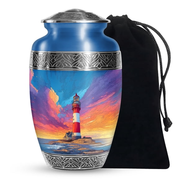 JAGASY Lighthouse Urn for Human Ashes - Ocean Sunset Pink Yellow Clouds Decorative Urns for Mother - Blue Large Urn for Ashes Adult Male - Handmade Cremation Urns for Father - (10 Inch)