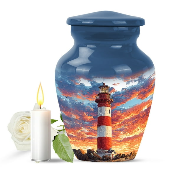 JAGASY Lighthouse Urn for Parents - Blue Small Urn for Ashes Adult Male - Yellow Orange Sunset Clouds Decorative Mini Urns for Mother - Miniature Cremation Urns for Human Ashes Keepsake - (3 Inch)