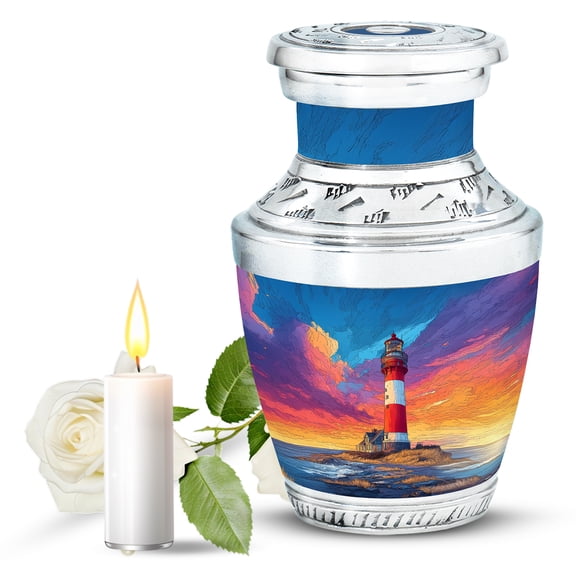 JAGASY Lighthouse Urn for Parents - Ocean Sunset Pink Yellow Clouds Decorative Small Urns - Blue Keepsake Urn for Ashes Adult Male - Miniature Urns for Mom & Dad - (3 Inch)