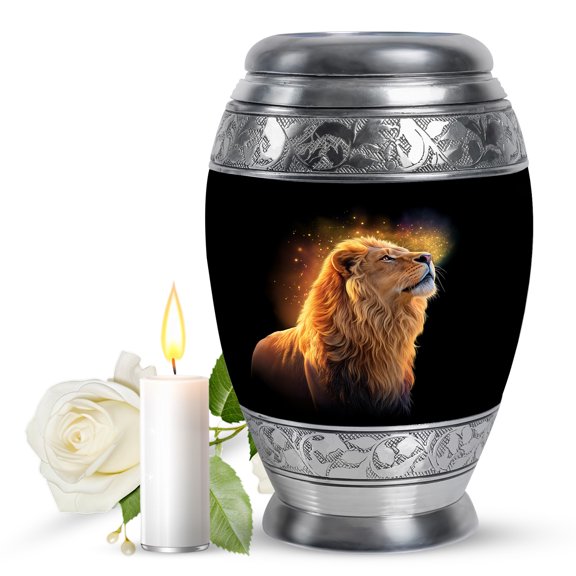 JAGASY Lion Memorial Large Urn for Father, Black Urn for Human Ashes for Women & Men, Yellow Lion Decorative Urns for Couple, Handmade Cremation Urns for Mother, (10 Inch)